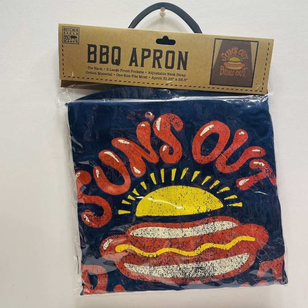 BBQ Barbecue Apron Suns Out Buns Out Blue Grilling 31.25x35.5 Inches Tie Back